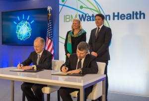 Headline: IBM Signs Agreement with Italian Government on First-of-its-Kind Watson Health Center of Excellence in Italy Caption: IBM CEO Ginni Rometty and Italian Prime Minister Matteo Renzi witness the signing of an agreement for the planned Watson Health European Center of Excellence in Milan, near the country’s Human Technopole Italy 2040 research campus. The agreement was signed during a visit by Prime Minister Renzi to IBM’s new Watson Health global headquarters in Cambridge, MA. Seated from left to right: Erich Clementi, SVP, IBM Europe; Hon. Ivan Scalfarotto, Undersecretary at Italian Presidency of Council. Standing from left to right: Ginni Rometty, Chairman, President and CEO, IBM; Hon. Matteo Renzi, Prime Minister of Italy. For more information, please contact Lorie Fiber, IBM, lfiber@us.ibm.com. For more information ((Photo copyright: Daniel Goodrich)